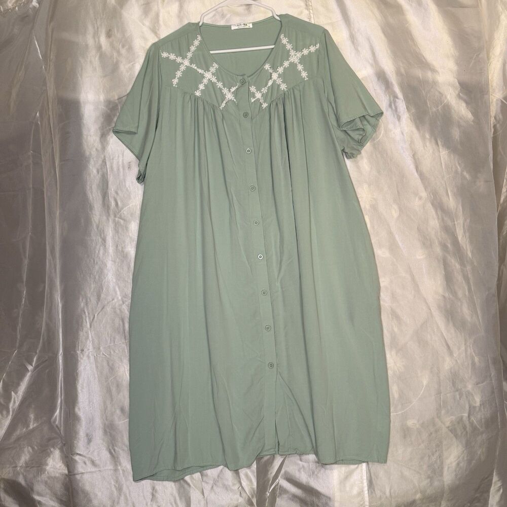 Ekouaer Lounge Wear Womens XL Green Robe/House Dress Nightgown Pockets Lace Det.